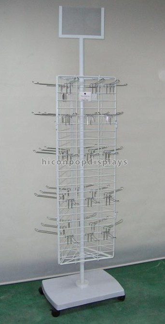 Estante de exhibición del hilandero/soporte de exhibición de madera blancos giratorios con los ganchos del metal