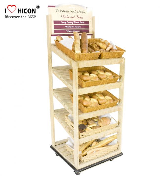 Piso al por menor que coloca el soporte de exhibición de madera del pan para la tienda/las tiendas de alimentos de la panadería