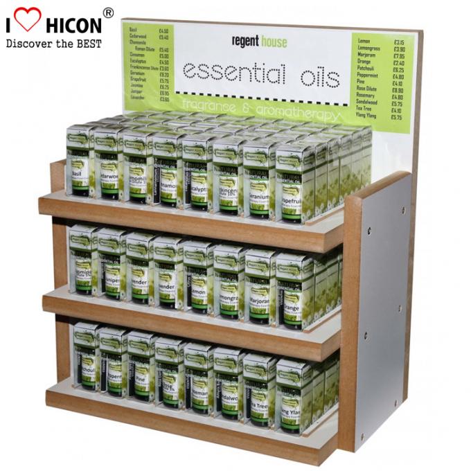 Optimice el estante de exhibición de madera del aceite esencial de la grasa natural de la piel de los soportes de exhibición de las ventas