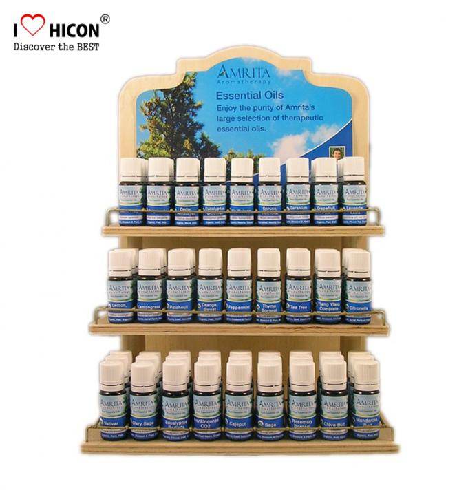 Optimice el estante de exhibición de madera del aceite esencial de la grasa natural de la piel de los soportes de exhibición de las ventas