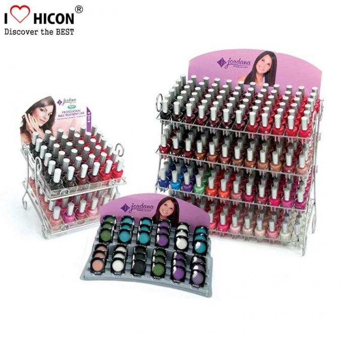 Soporte de exhibición cosmético modificado para requisitos particulares de exhibición de los estantes del alambre del esmalte de uñas del maquillaje contrario de la promoción